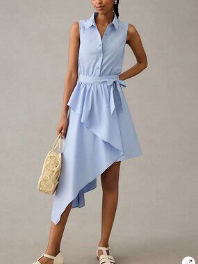 💙 Anthropologie Maeve Asymmetrical Sleeveless Shirt Dress Sky Blue Size 2 💙